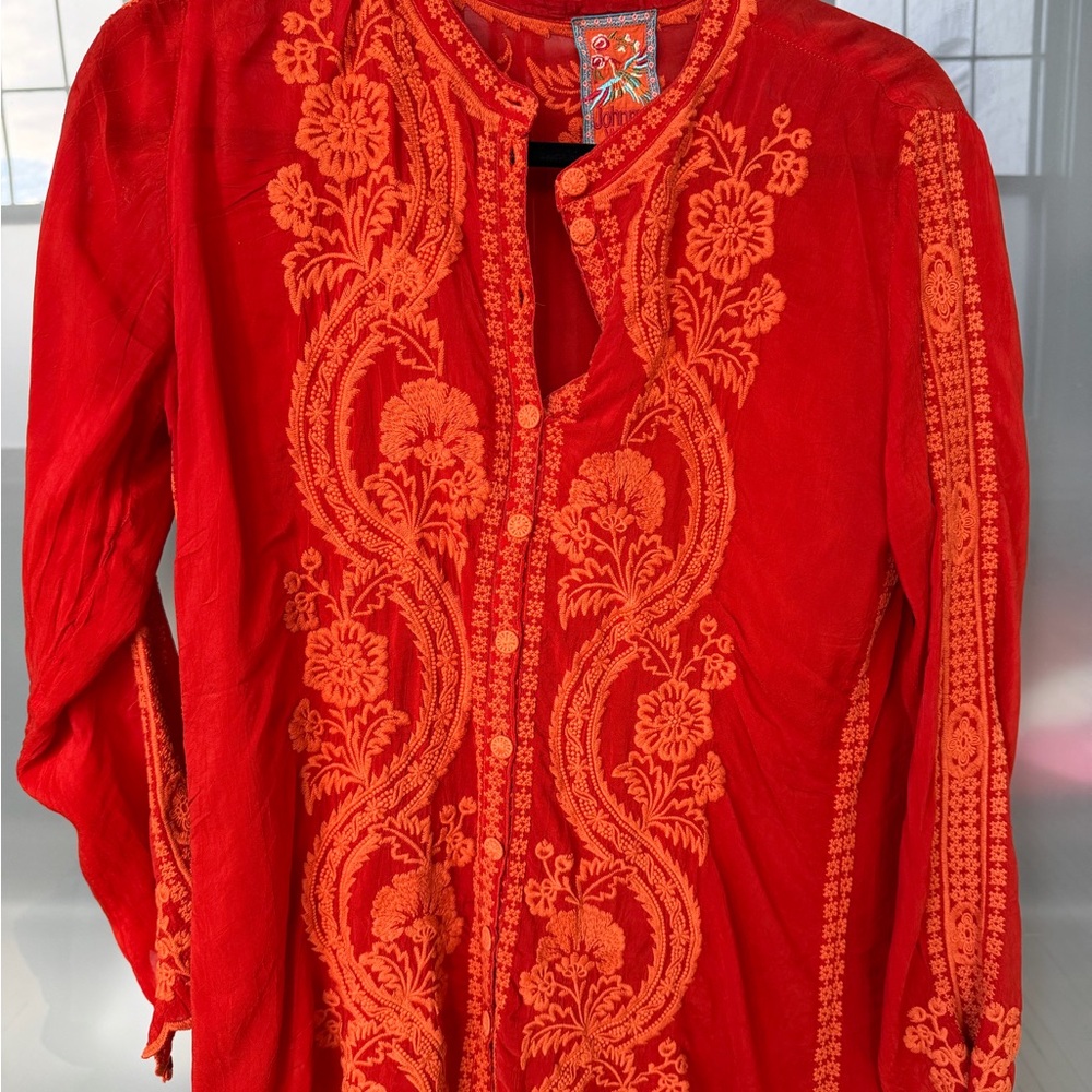 Johnny Was Red and Orange Embroidered Top
